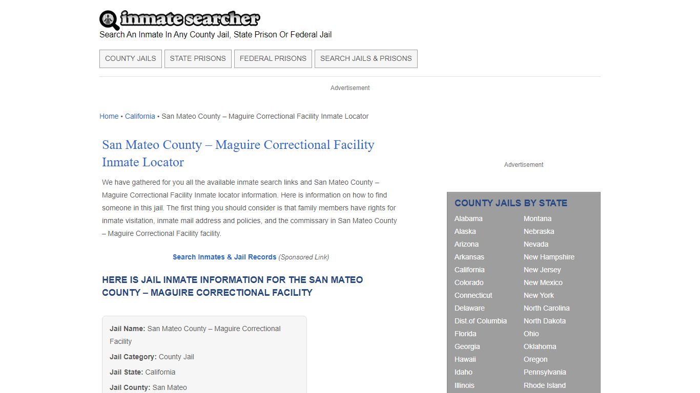 San Mateo County - Maguire Correctional Facility Inmate Locator ...